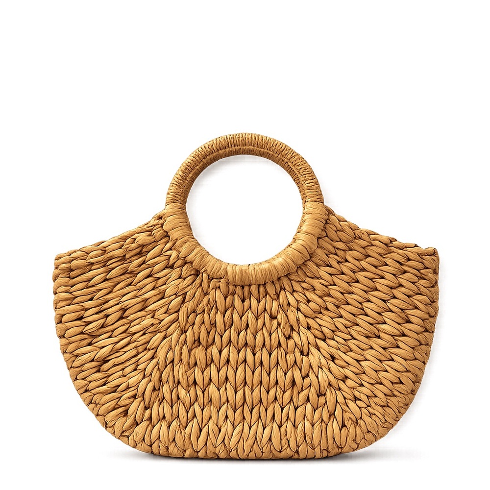 Handwoven Round-Handle Tote Bag in Mustard Yellow